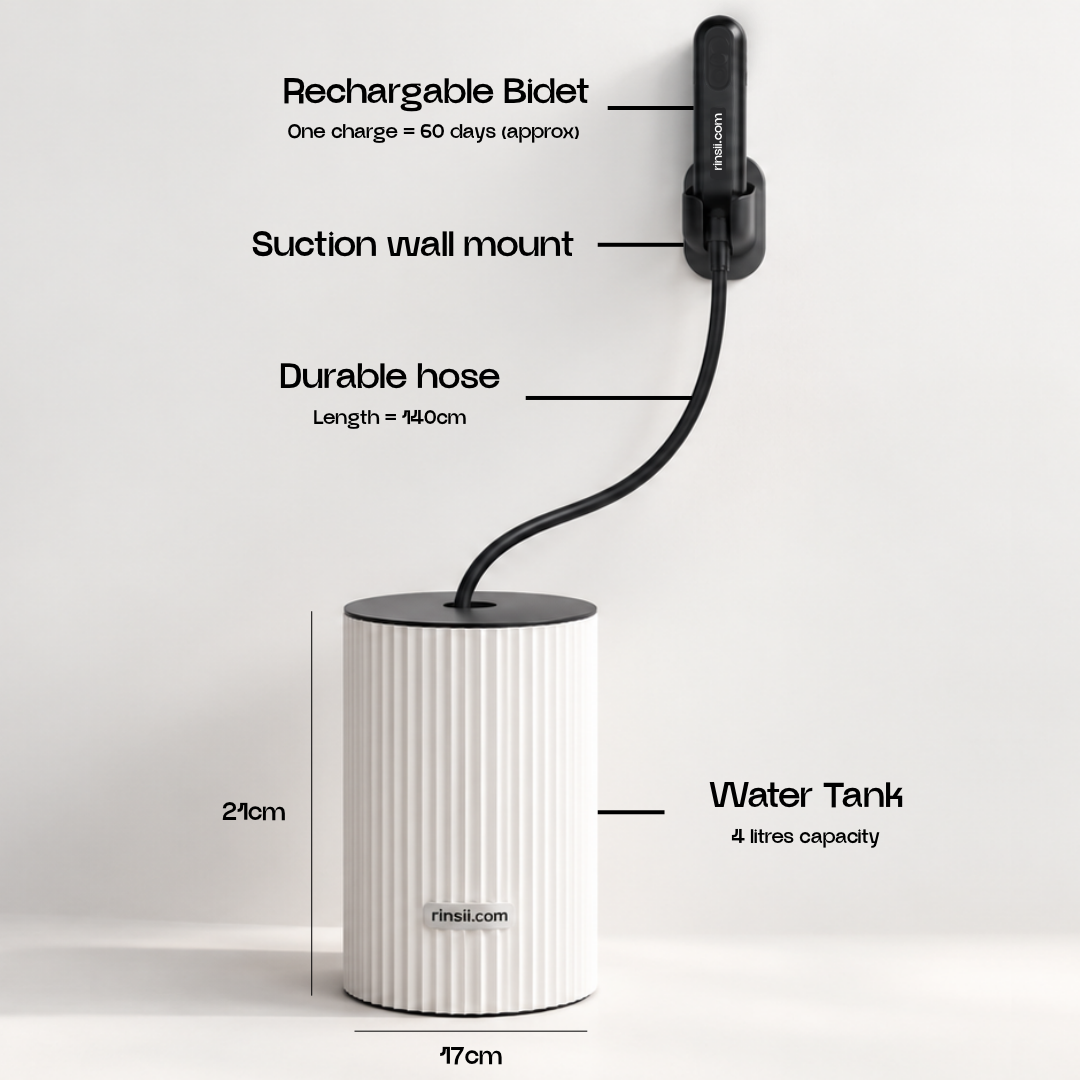 rinsii bidet tank beside a toilet, with its black hose running up to a wall-mounted sprayer